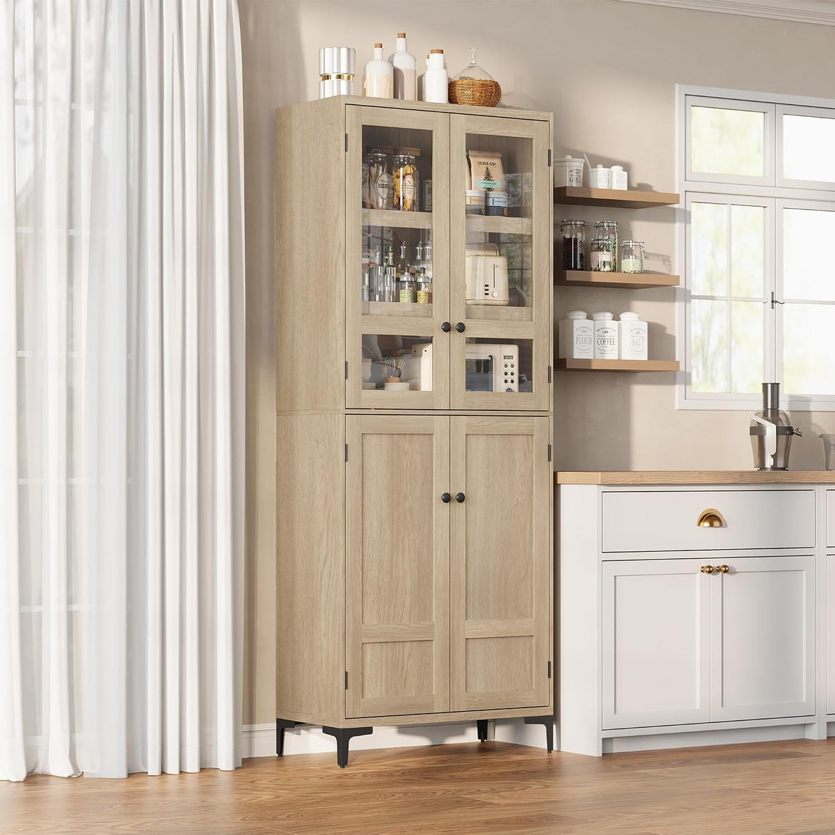 GarveeHome 71 in Tall Storage Cabinet, Kitchen Pantry Cabinet 5 Tier Bathroom Cabinet with 4 Doors Adjustable Shelves for Kitchen, Dining Room, Bathroom (Pear Wood, Glass with 4 Doors)