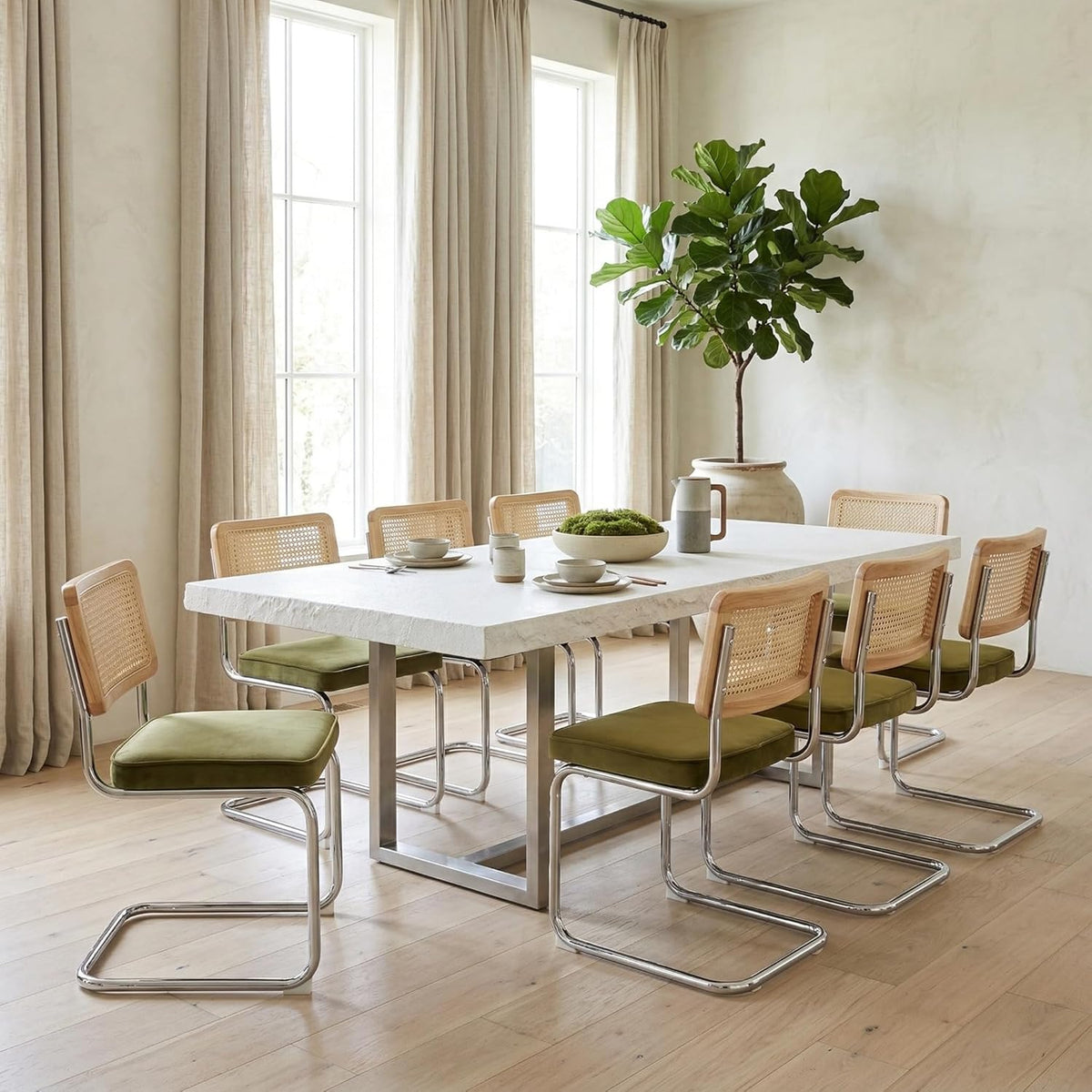 Rattan Dining Chairs Set of 4, Mid-Century Modern Dining Room Chairs with Cane Back, Velvet Upholstered Seat & Chrome Cantilever Frame, Sillas de Comedor, Kitchen & Dining Room Chairs (Green)