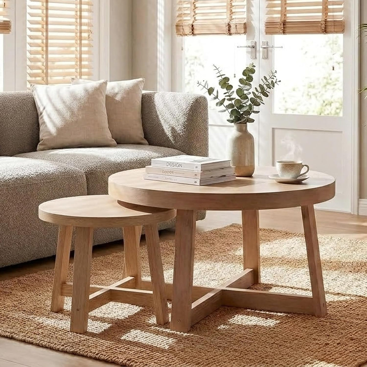 Set of 2 Round Nesting Coffee Tables, Natural Wood Finish Modern Side Tables, X-Shaped Frame Stackable End Tables for Living Room, Bedroom, Balcony 27.56&19.69