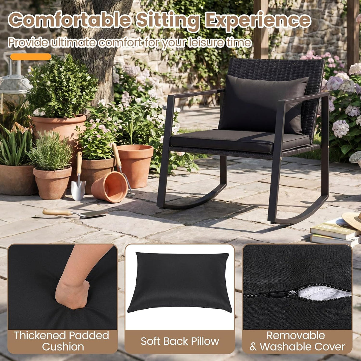 Tangkula 3 Pieces Outdoor Rocking Chairs Set, Rattan Heavy Duty Cushioned Rocker Chairs with Cushions, Pillows, Tempered Glass Table, Metal Frame for Garden, Balcony, Backyard (Black)