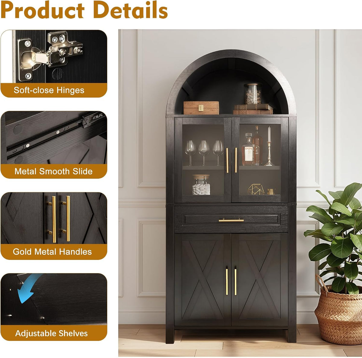 71" Tall Arched Kitchen Pantry with Glass Door, Farmhouse Storage Cabinet with Adjustable Shelves & Barn Door for Kitchen, Living Room, Dining Room, Black