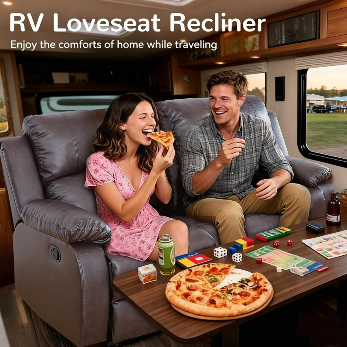 Faux Leather Manual Recliner Sofa Set, 3 Piece Living Room Furniture Set, Loveseat Reclining Couch and 2 Recliner Chairs for RV Home Theater (Brwon)