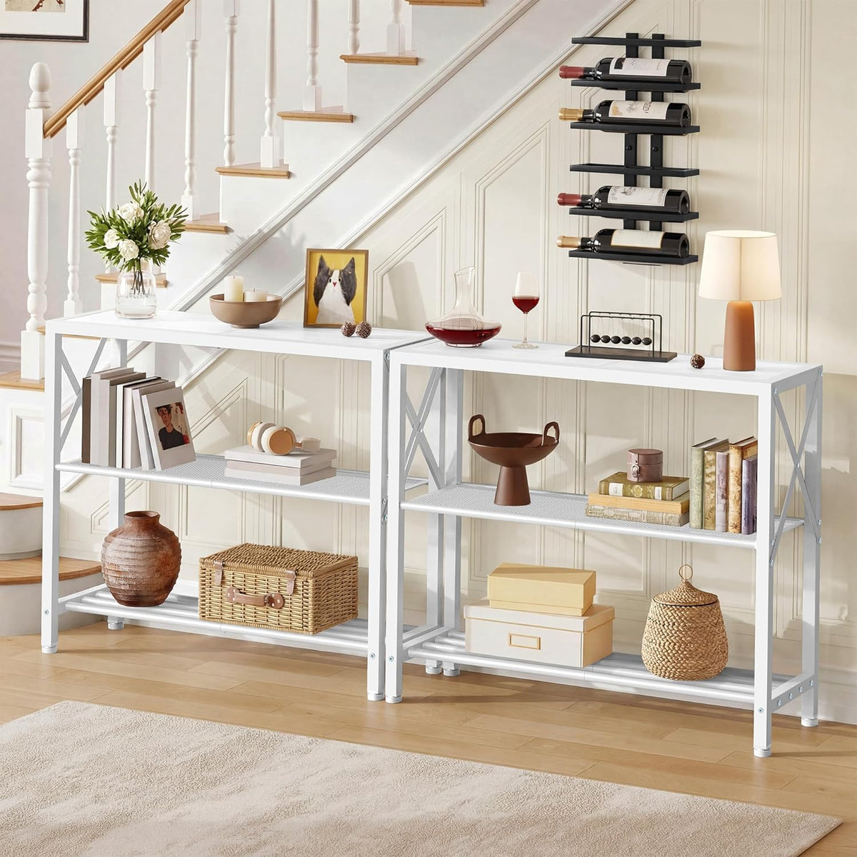 Hoctieon Industrial Console Table, 3 Tier Entryway Table, Metal Frame, Sofa Table with Shelf, Hallway Table, Entrance Table for Entryway, Living Room, Foyer, Hallway, White