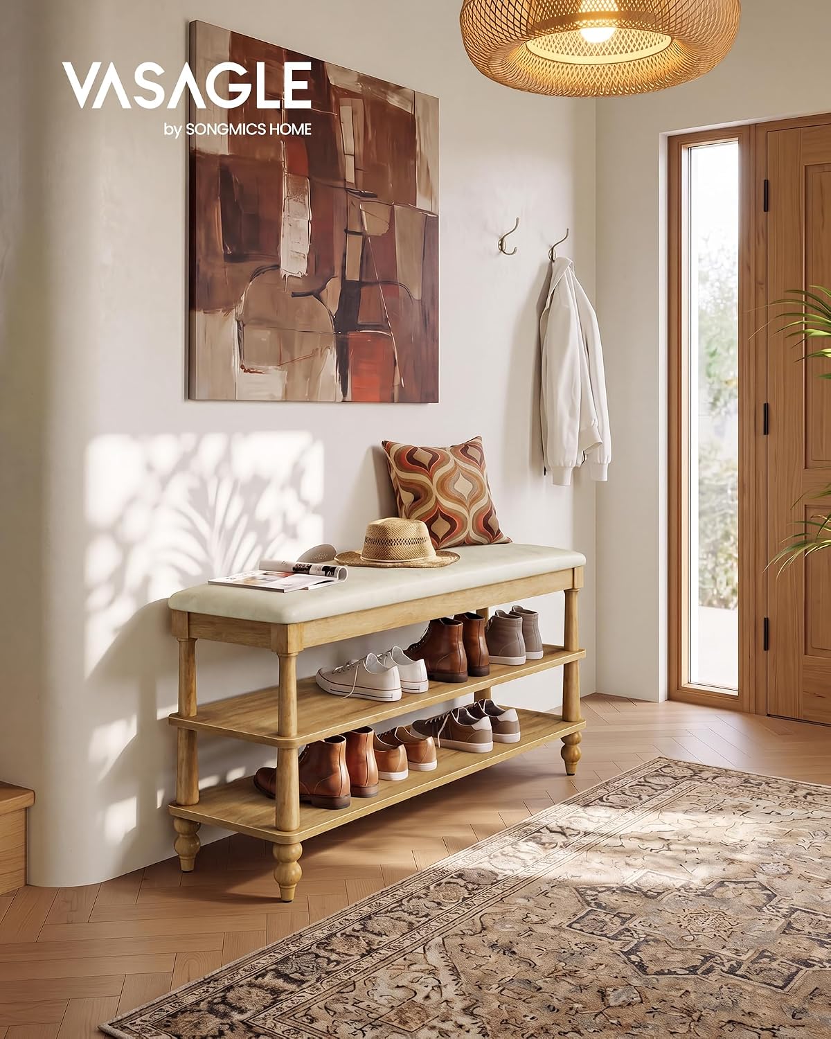 VASAGLE Mariel Collection - Shoe Bench, Wooden Entryway Bench with Padded Seat, 2-Tier Shoe Storage Rack, 39.4 x 11.6 x 19.7 inches, for Entryway and Bedroom, Natural Brown ULSB200K101S