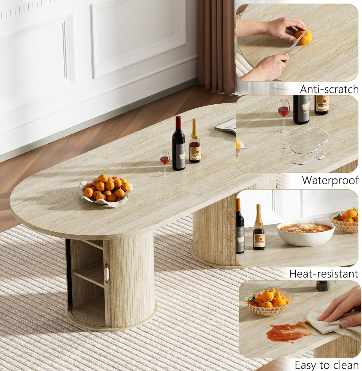63"-94" Large Oval Extendable Dining Table for 6 8 10, Faux Travertine Expandable Kitchen Table with 2 Storage Base & Sliding Doors, Modern Farmhouse Dining Table for Dinner Party Family Gathering