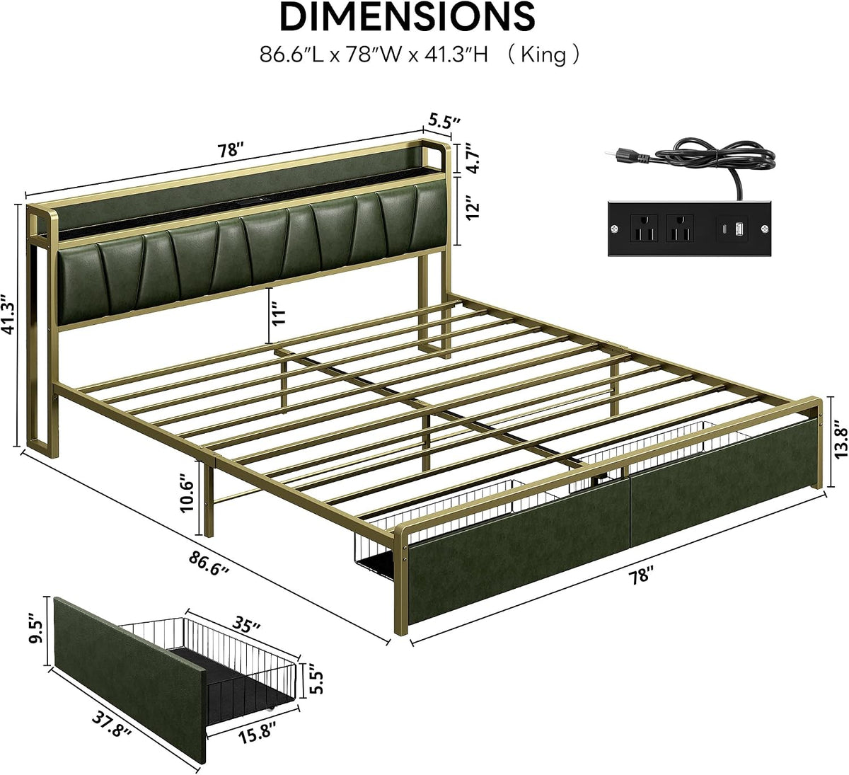 LIKIMIO King Size Bed Frame with 2 Drawers and Charging Station