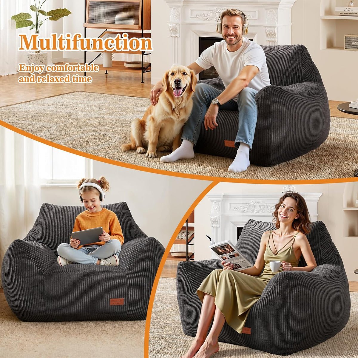 Big Bean Bag Chair for Adults, Ultra Soft BeanBag for Living Room | Stuffed BeanBag Chair with Armrests for Napping, Gaming, Vacuum-Compressed for Easy Gifting, 48 Hours to Fluffs Up, Dark Gray