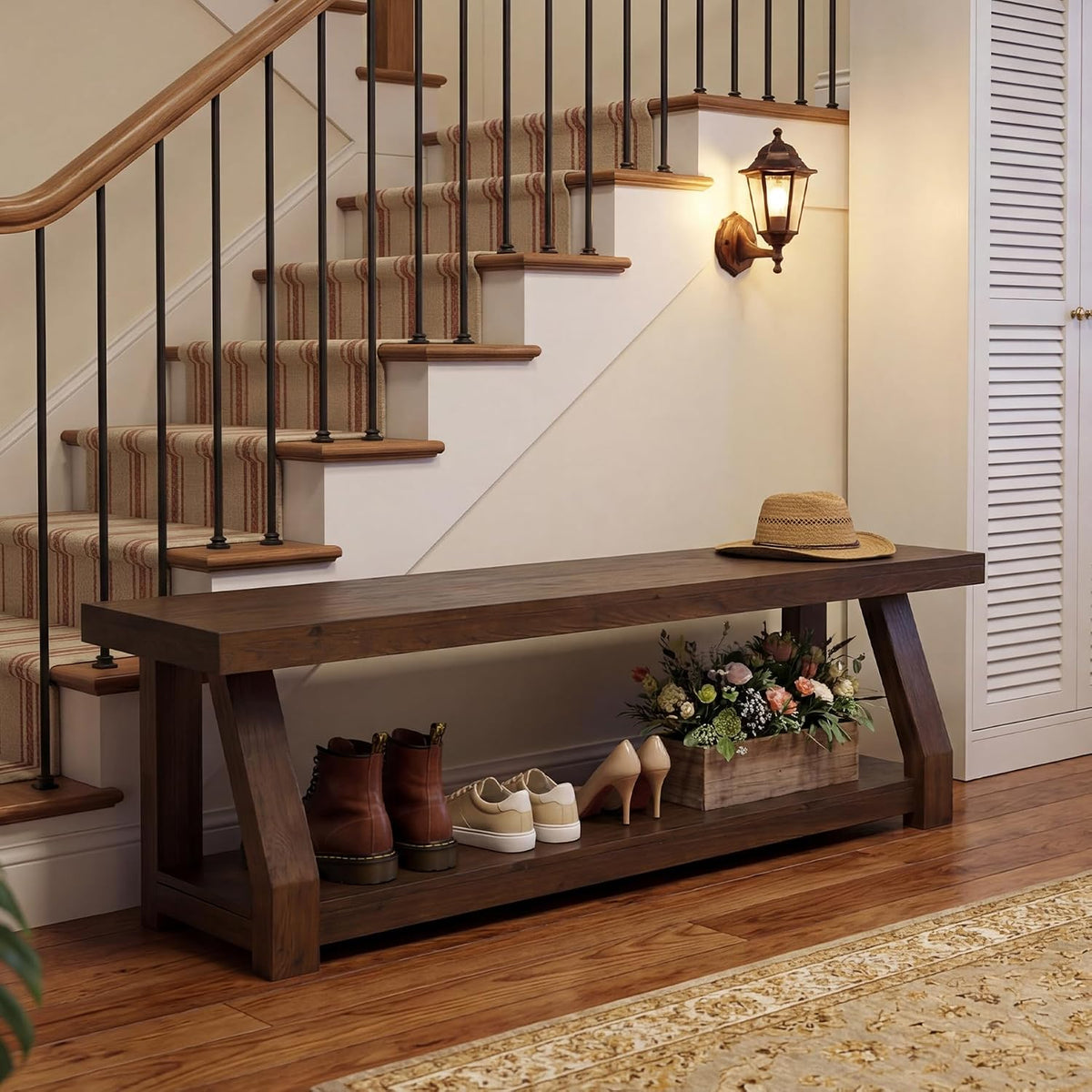 63" Solid Wood Bench, 2-Tier Entryway Bench with Shoe Storage, Rustic Hallway Accent Benches for Entryway, Living Room, Mudroom, Easy Assembly, Rustic Dark Brown