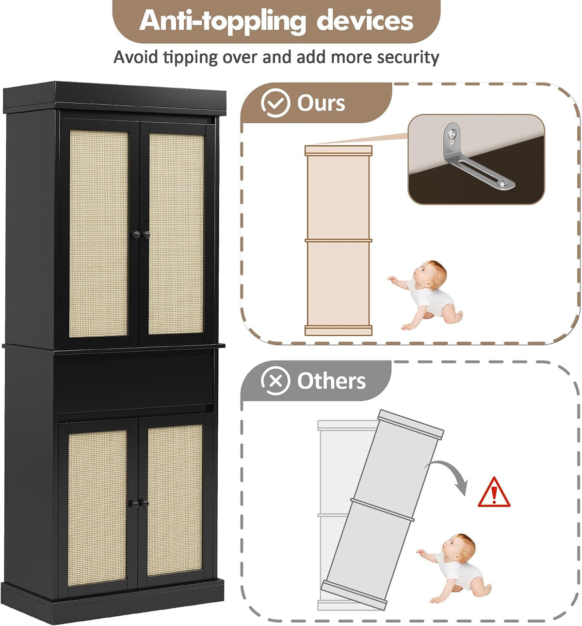 69'' Tall Pantry Cabinet - 4 Rattan Doors, Drawer, and 2 Adjustable Shelves - Freestanding Storage Cupboard for Entryway, Kitchen, Dining Room, Bathroom, or Office,Black