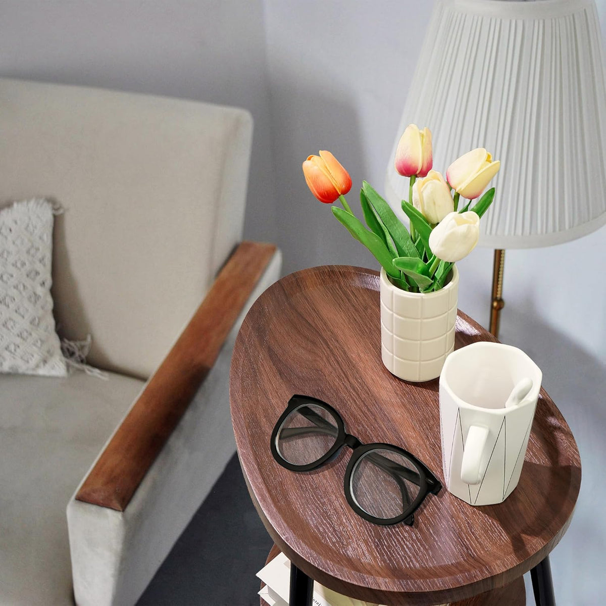 Side Table Small End Table, Oval Round Wood Sofa Table, 2 Tier Accent Table Nightstand Bedside Table with Metal Frame for Living Room, Bedroom, Small Spaces (Rustic Brown)