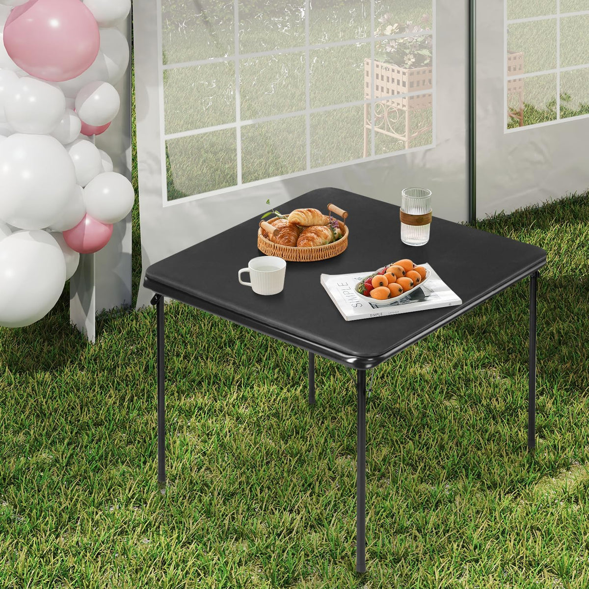 FurnitureR Square Folding Card Table 34 Inch, No Assembly Portable Table for Game Nights, Small Space Dining & Indoor Outdoor Use, PVC Top with Metal Frame, Black