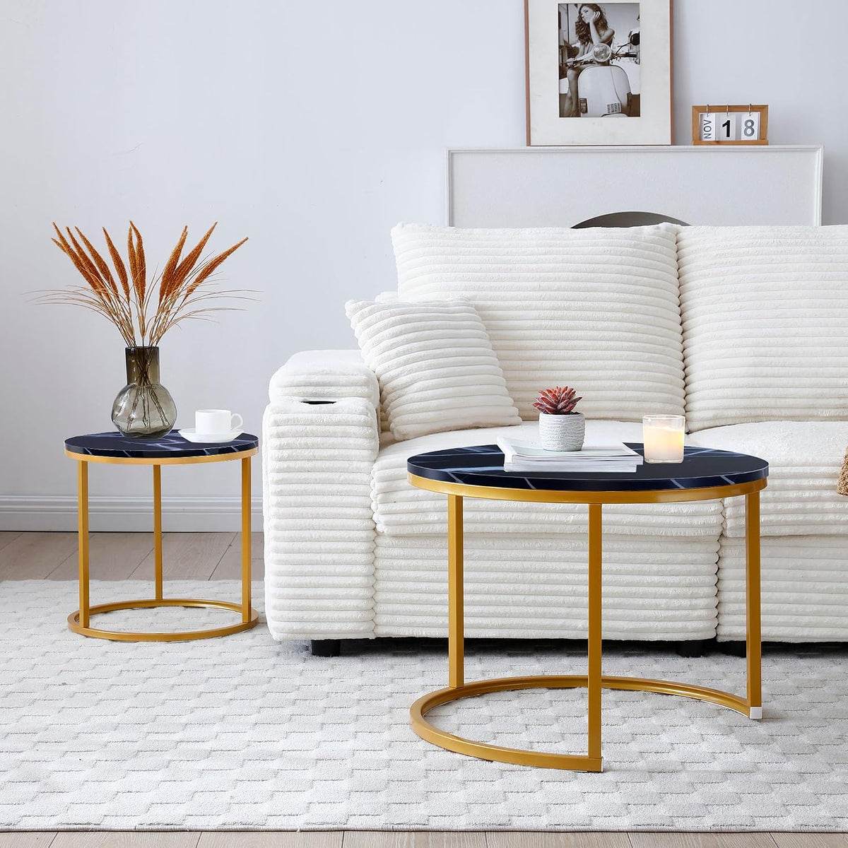 Anwick Set of 2 Circular Coffee Table, Nesting Design for Living Room, Small Round & Circle Coffee Table for Apartment, Sturdy Metal Frame (Black+Gold)