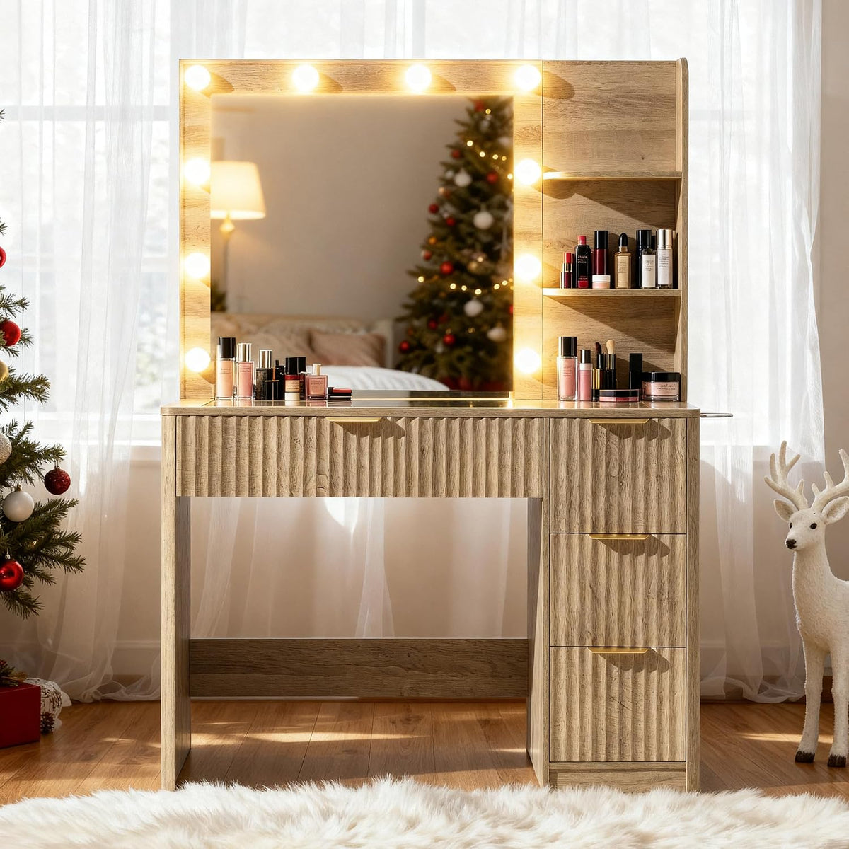 LUXOAK 36" Makeup Vanity Desk with Mirror & LED Lights, Oak | Fluted Vanity Table with 4 Drawers, Glass Top & Charging Station, Dressing Table for Bedroom, Women & Girls