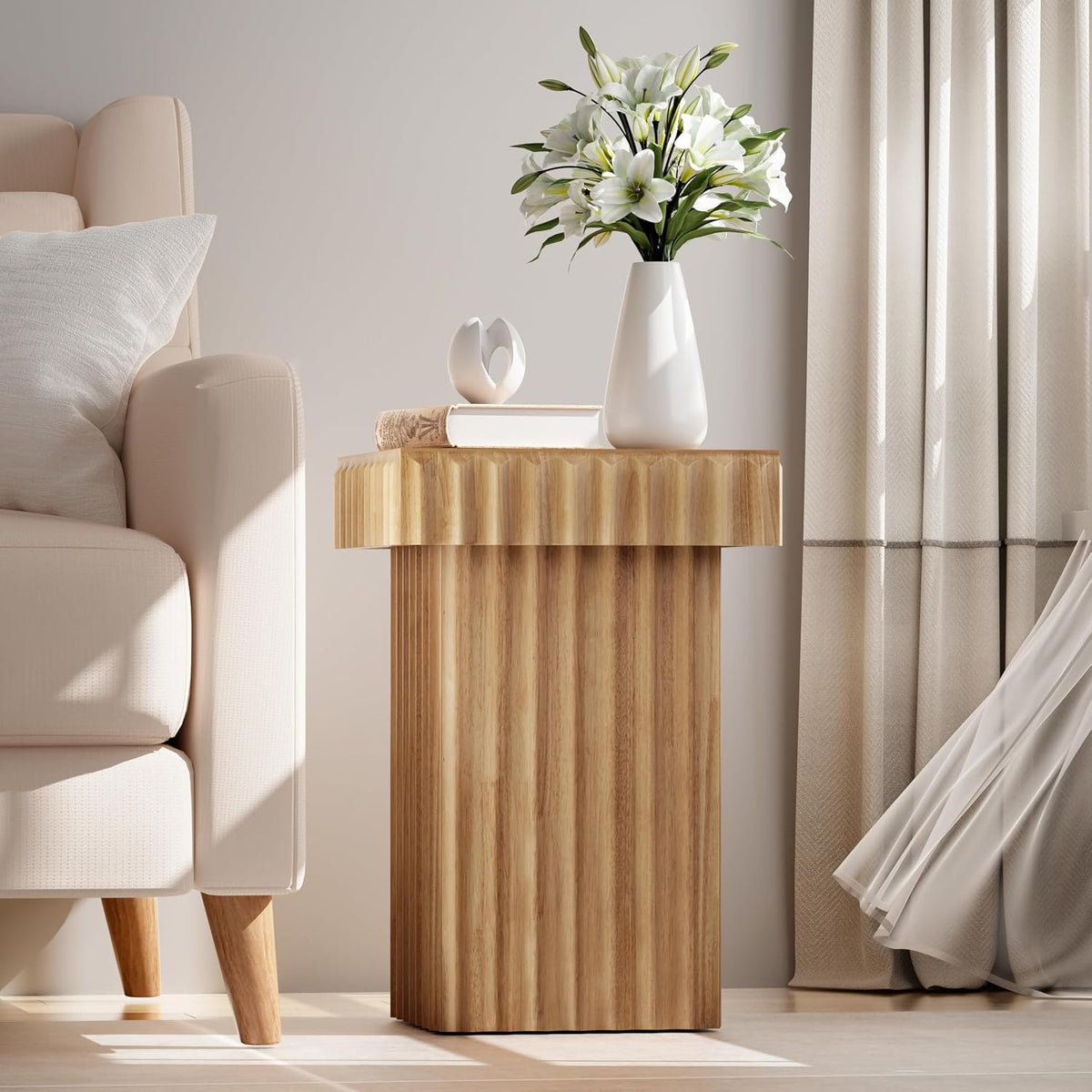 COZAYH Modern Fluted Wood End Table with Natural Oak Finish, Sculptural Accent Side Table with Textured Design, Plant Stand Small Space Furniture for Living Room, Farmhouse