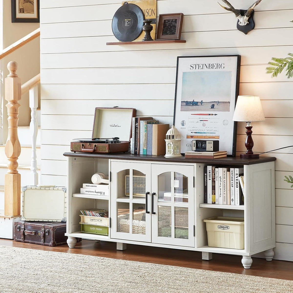 RWYHG Farmhouse TV Stand for 60 in TV, Entertainment Center for Living Room | Adjustable Shelves, Magnetic Glass Door, Sturdy Gourd Base, Wood Grain Top, High Capacity Storage Cabinet, White