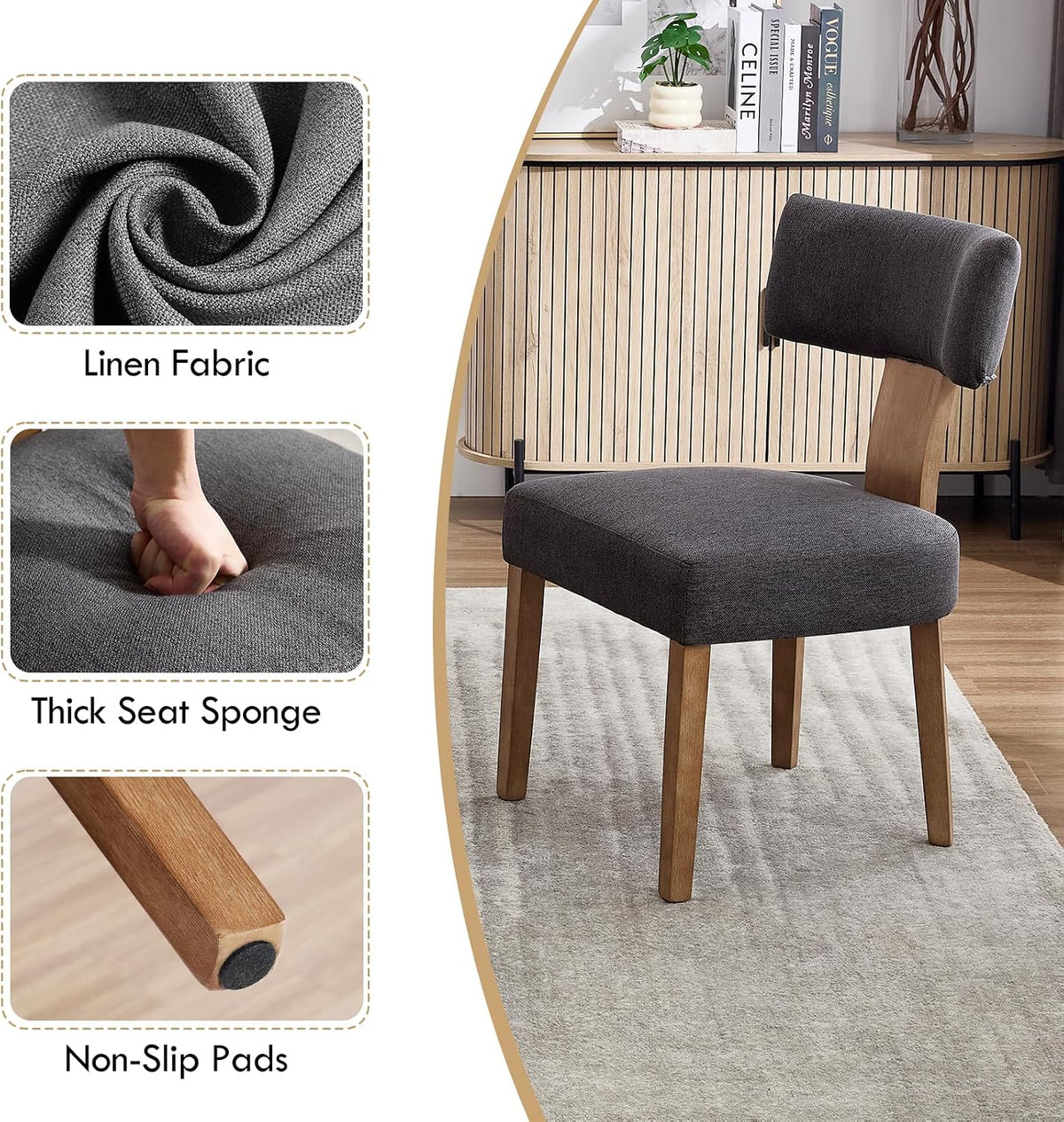 Upholstered Dining Chairs Set of 6, Mid-Century Modern Dining Chairs with Wood Legs, Linen Fabric Farmhouse Kitchen Chairs Armless, Comfy Side Chairs for Living Room/Kitchen, Grey