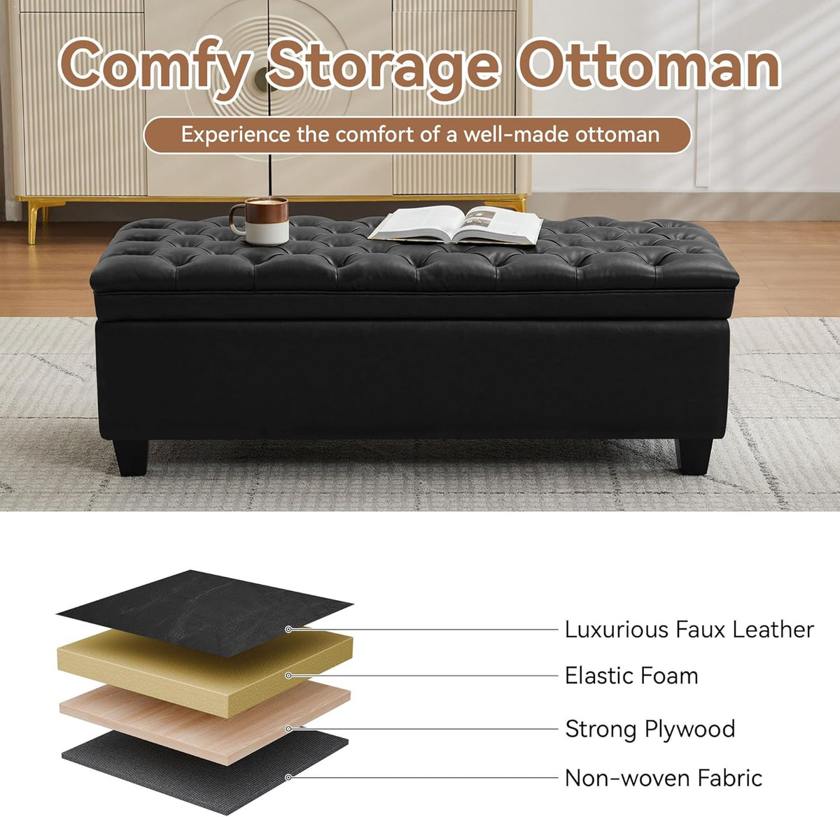 WUTUTUEE 50" Faux Leather Storage Ottoman Bench, End of Bed Upholstered Rectangle Storage Ottoman Tufted Living Room Bedroom Bench with Safety Hinge, Solid Wood Legs, Loads 500 lb(Black)