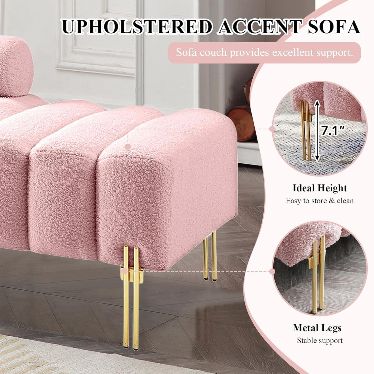 Ottoman Bench, Loveseat Sofa Couch with Adjustable Backrest | 53.2" Accent Sofa, Teddy Upholstered, Metal Legs, 400LBS Weight Capacity, End of Bed Bench for Bedroom, Rose-Teddy