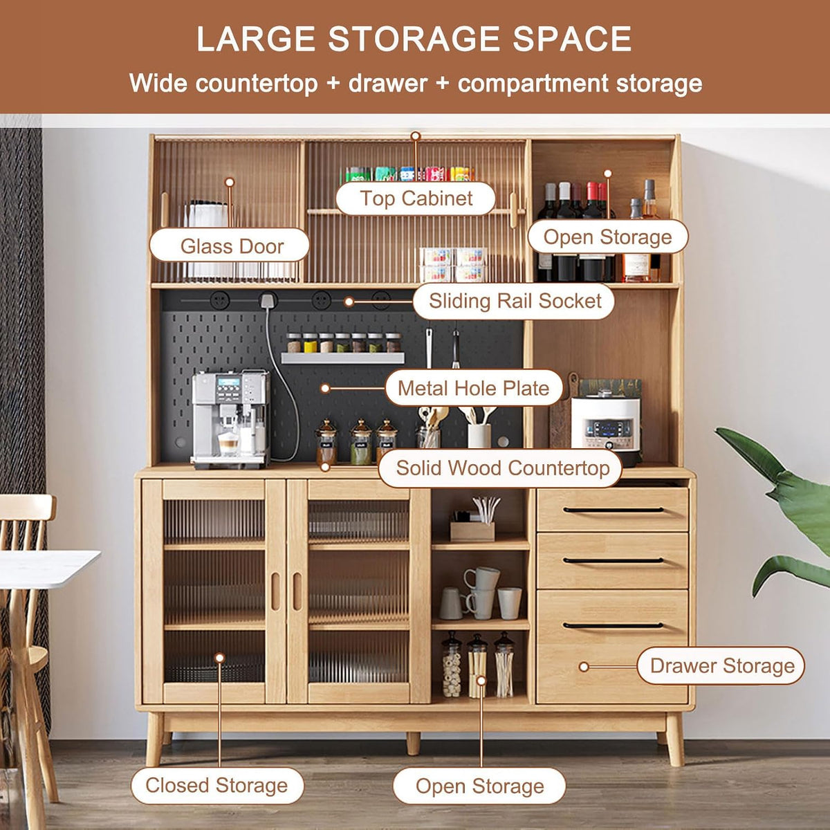 Pantry Storage Cabinet with Microwave Stand, Sliding Charging Station, Drawers & Shelves - Tall Food Pantry Organizer for Home, Metal Orifice Plate Included
