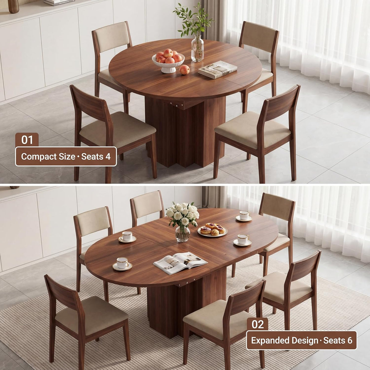 Extendable Round Dining Table, 45.3"-61" Space Saving Oval Kitchen Table with Self-Storing Butterfly Leaf, Modern Farmhouse Walnut Dining Room Table with Fluted Pedestal Base for 4-6 People