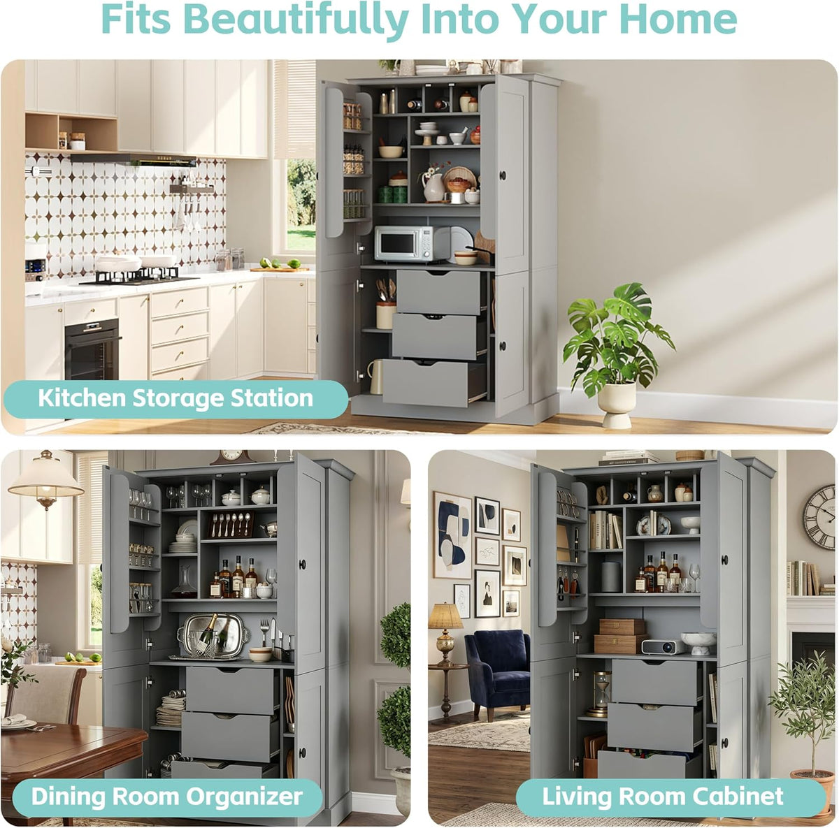Virubi 42.3x20.0x70.9 inch Freestanding Kitchen Pantry Cabinet, Tall Storage Workstation with 4 Doors, 3 Drawers, 6 Door Shelves, Removable Shelves & 6 Wine Racks for Dining (Grey)