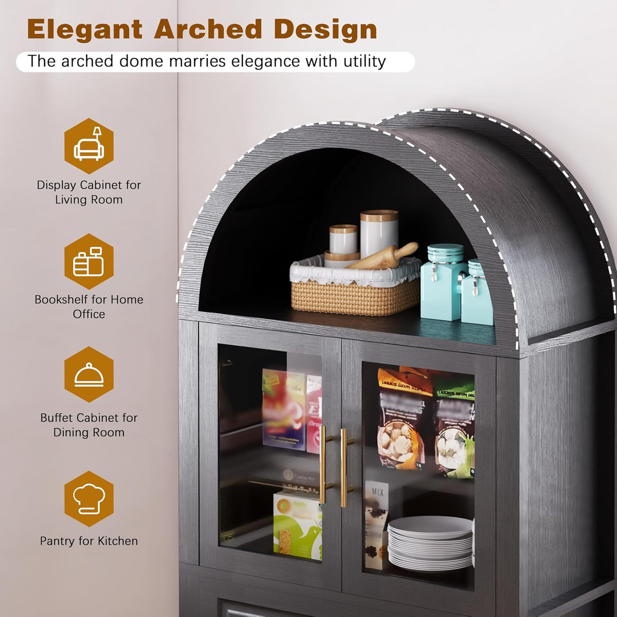 71" Tall Arched Kitchen Pantry Cabinet, Farmhouse Freestanding Food Pantry with Glass Door, Barn Door Design and Adjustable Shelves, Storage Cupboard for Kitchen, Living & Dining Room,Black