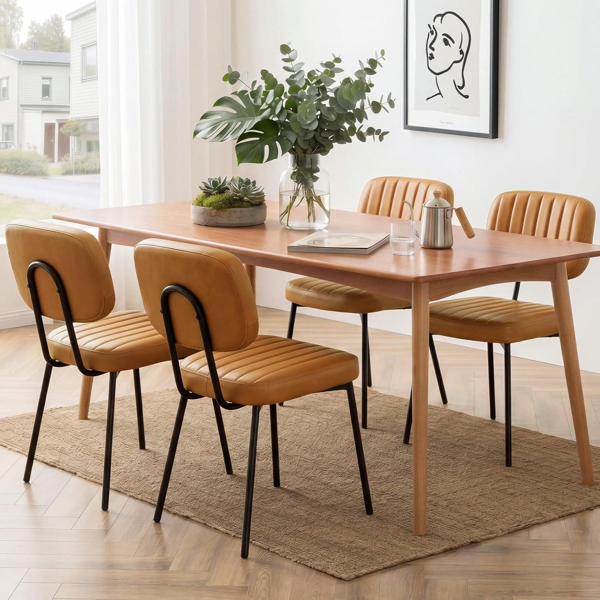 OLIXIS Dining Chairs Set of 4, Modern Upholstered Mid Century Kitchen Chairs with Faux Leather Cushion Seat, Backrest & Metal Legs for Living Room, Bedroom, Home Office, Brown