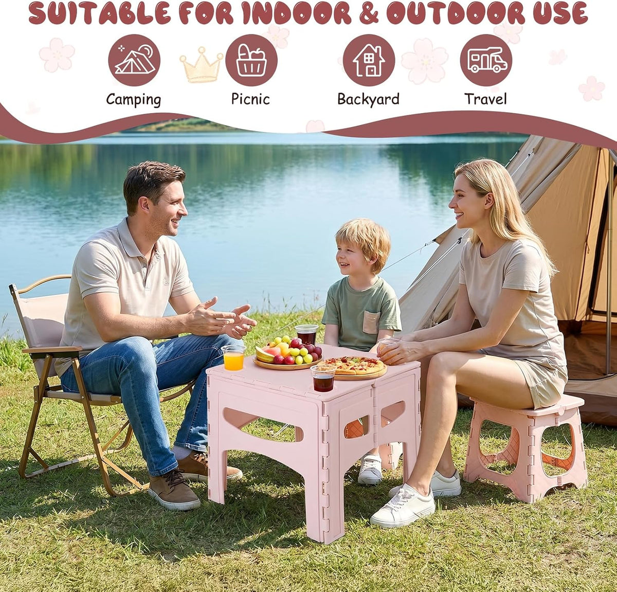 Kids Folding Table and Chairs Set, Portable Activity Desk with 2 Seats for Toddlers, Durable Plastic Picnic Furniture for Indoor Outdoor Learning Play, Easy Storage Light Pink
