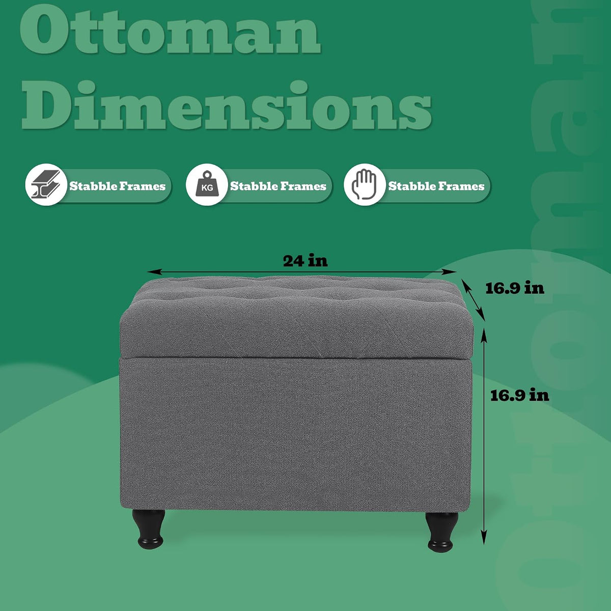 Ottoman with Storage 24'' Storage Ottomans Fabric Ottoman Footstools Small Upholstered Foot Rest Stool for Couch, Living Room, Bedroom, Entrance Shoe Bench Grey