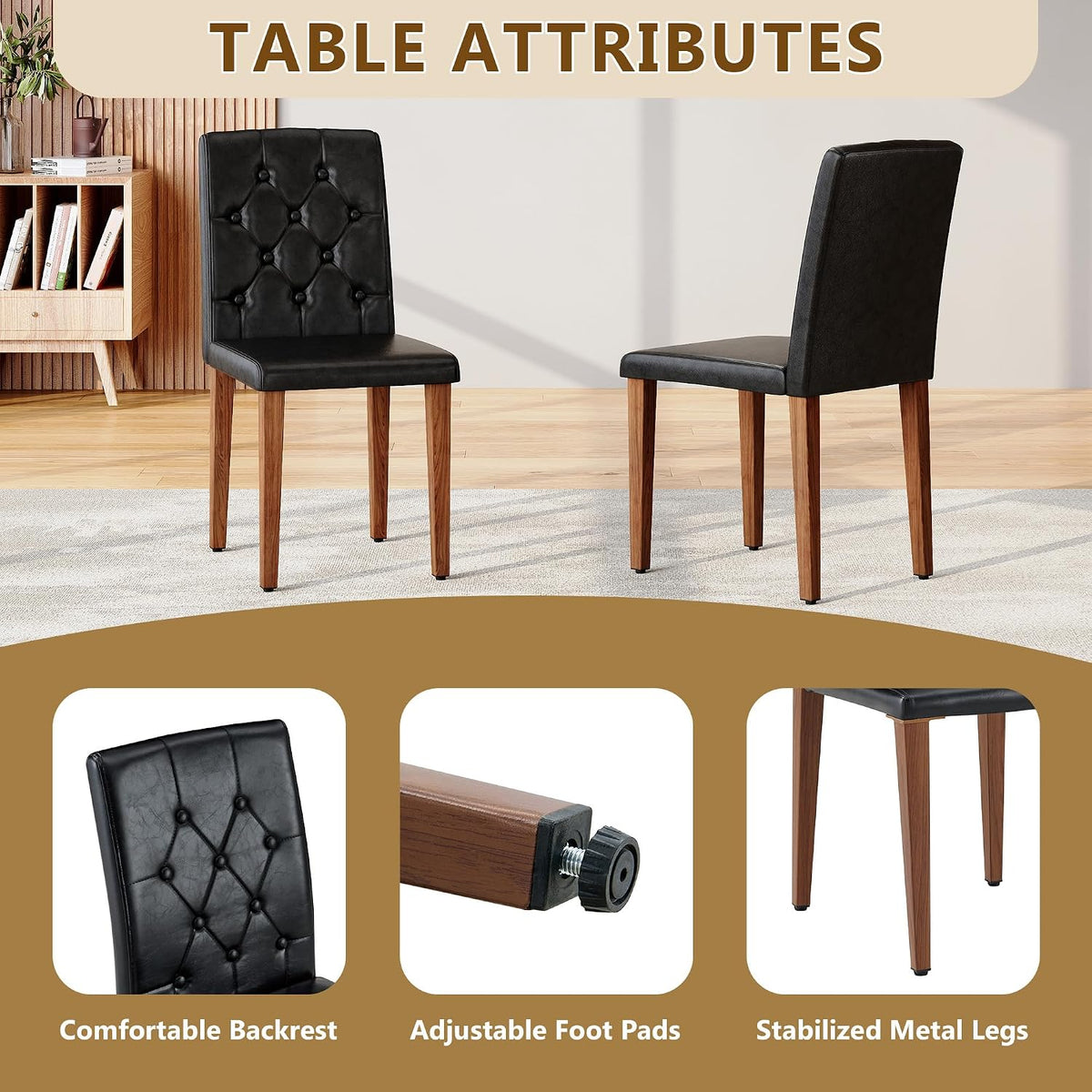Round Dining Table Set for 6, 43-59" Extendable Dining Room Table Set, Walnut Wood Grain Table and 6 Black PU Leather Upholstered Chairs Set, Mid Century Modern Kitchen Table Set with Cross Legs