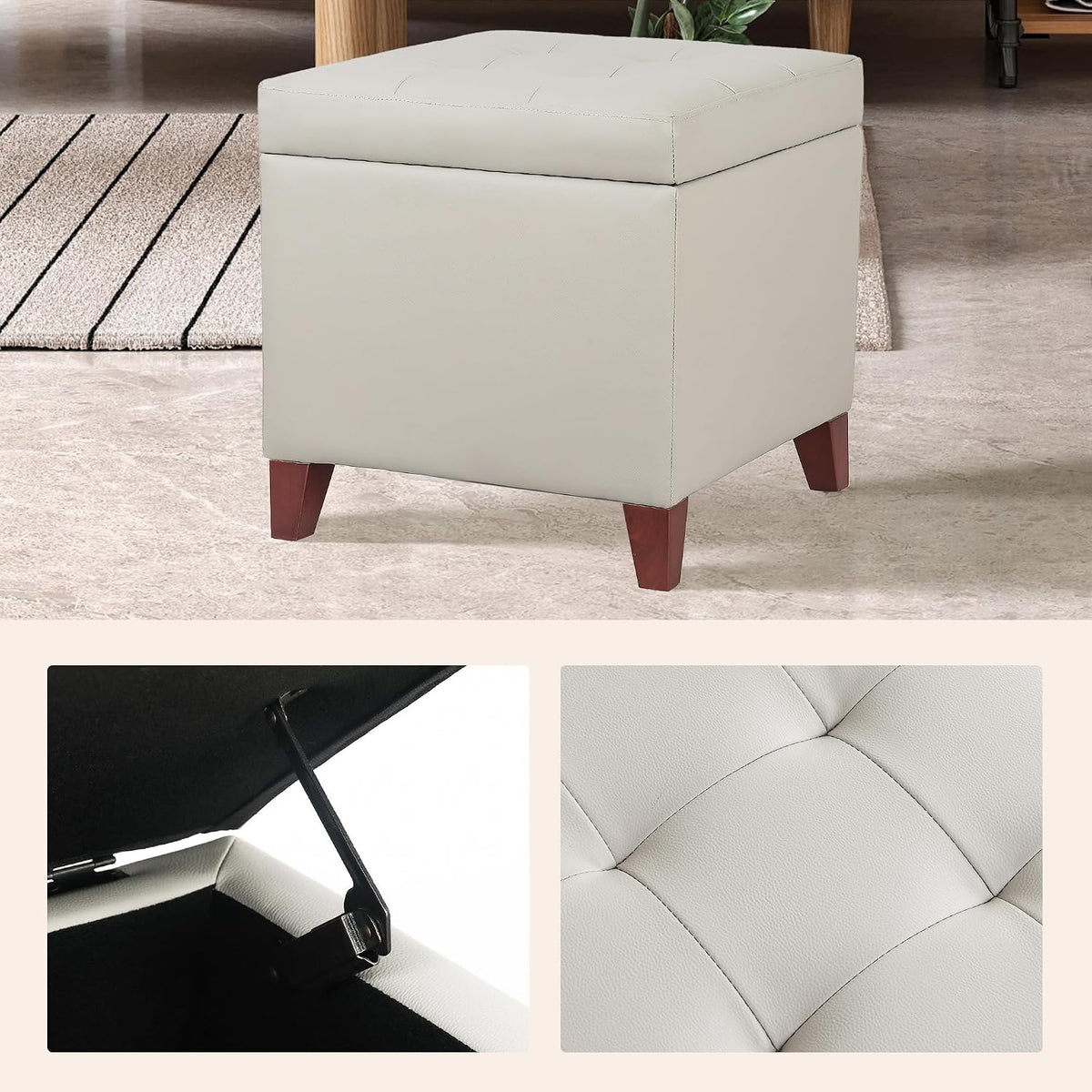 Leather Ottoman with Storage Beige-Grey Square Storage Ottoman | 18" Square Tufted Footstool Cube with Hinged Lid Upholstered Foot Rest Stool for Living Room, Bedroom & Entryway