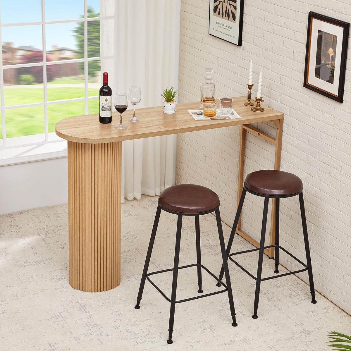 55" Long Bar Table, Fluted Wood Counter Height Pub Table, High Top Kitchen Breakfast Bar Tables with Sturdy Metal Frame, Modern Bar Height Dining Table for Bistro, Dining Room, Living Room