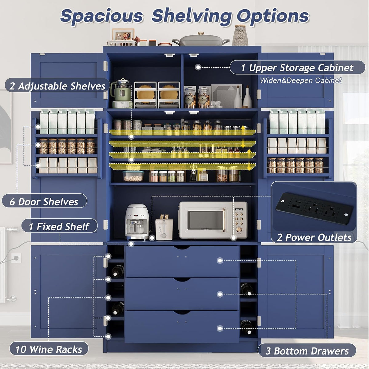 JIJIWANG 70.9" H Farmhouse Freestanding Kitchen Pantry Storage Cabinet with Drawers and Shelves, Buffet with 8 Pull-Out Trays and 4 Doors Blue