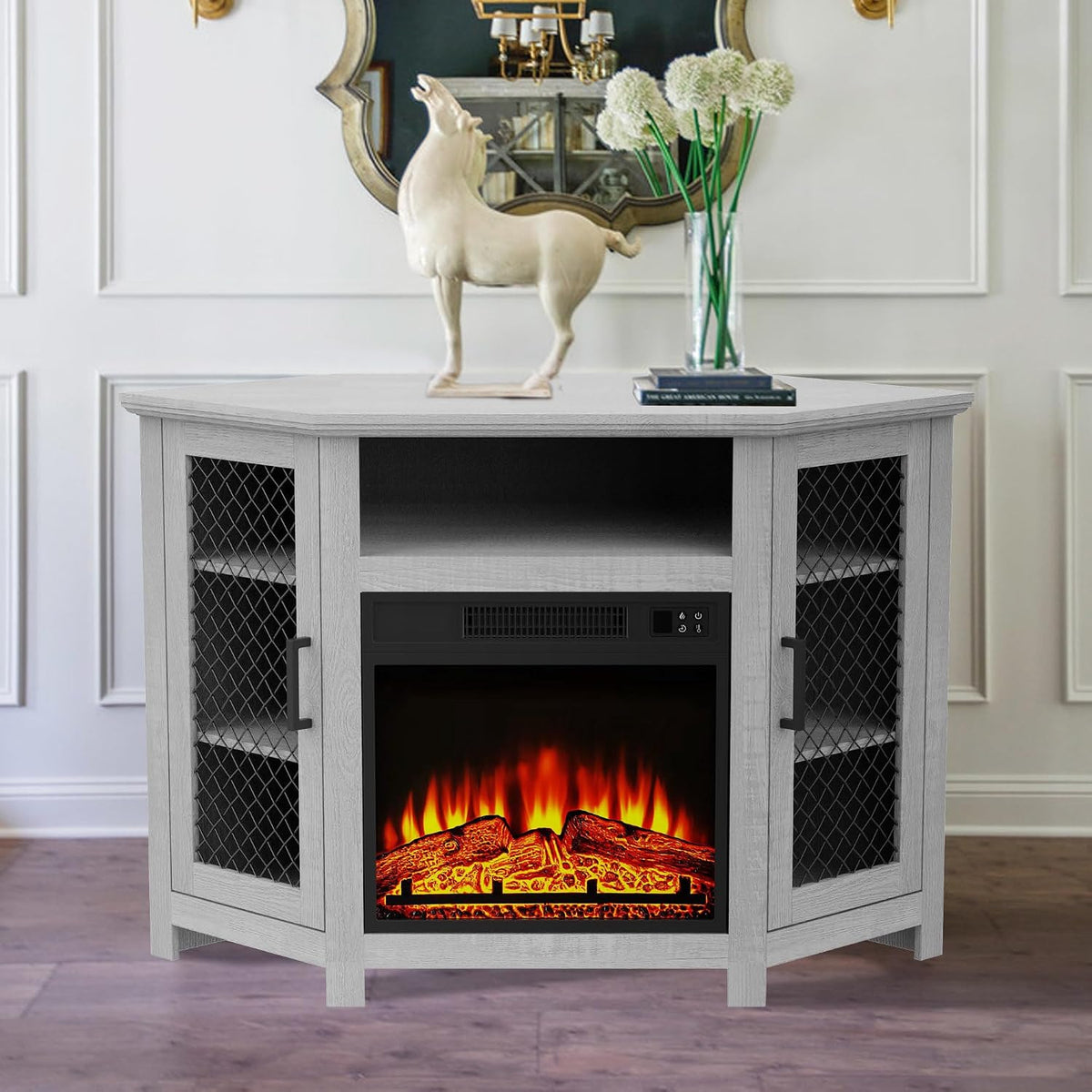 47" Corner Fireplace TV Stand Up to 55" TVs with 18" Electric Fireplace | Rustic Media TV Stands for Living Room, Television Stands with Adjustable Shelves, Entertainment Media Stand (Gray)