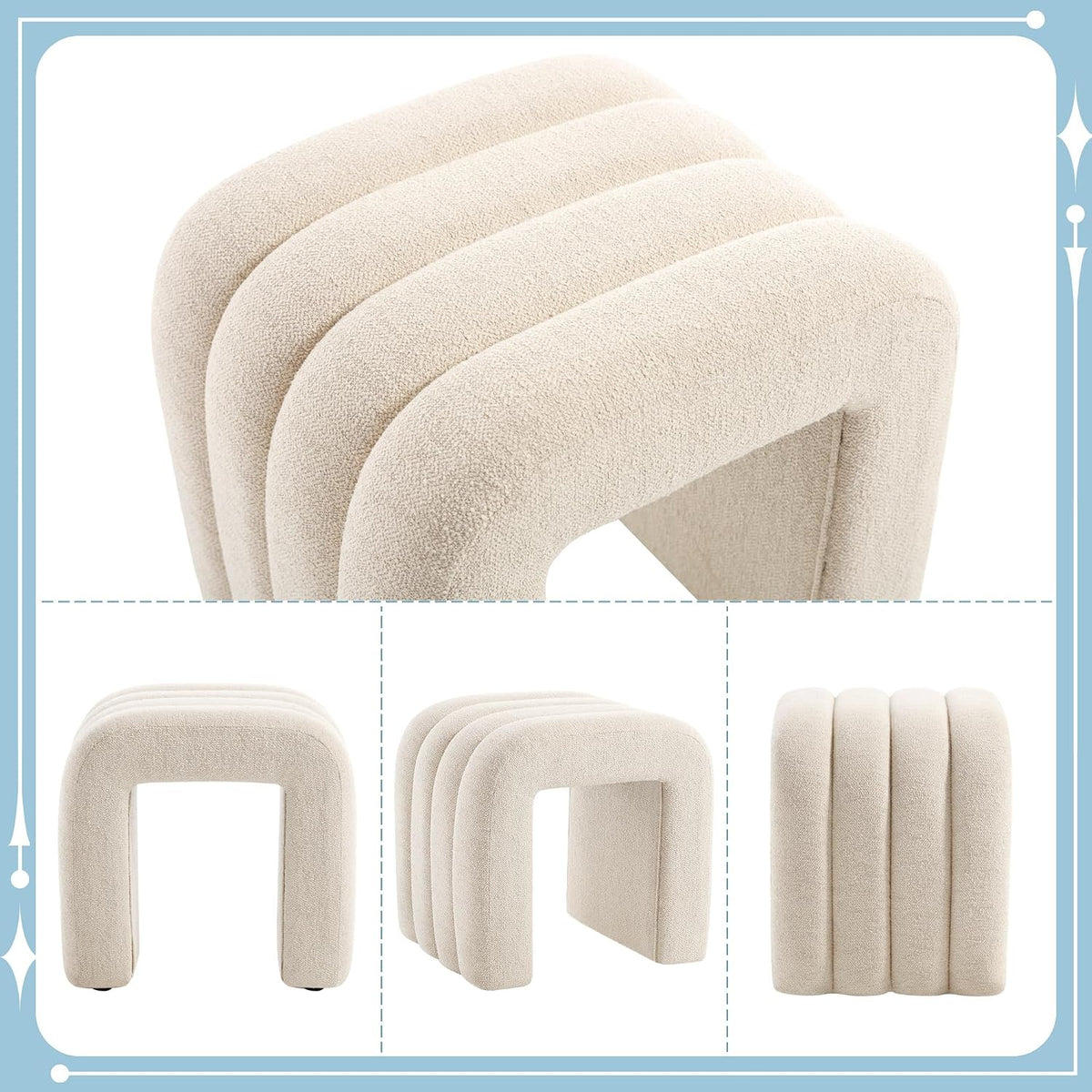 Flouki Ottoman Foot Stool with Channel Tufted, Small Ottoman Bench for Entryway, Modern Vanity Stool Chair, Upholstered Foot Rest Extra Seat for Living Room (Beige Linen, Set of 2)