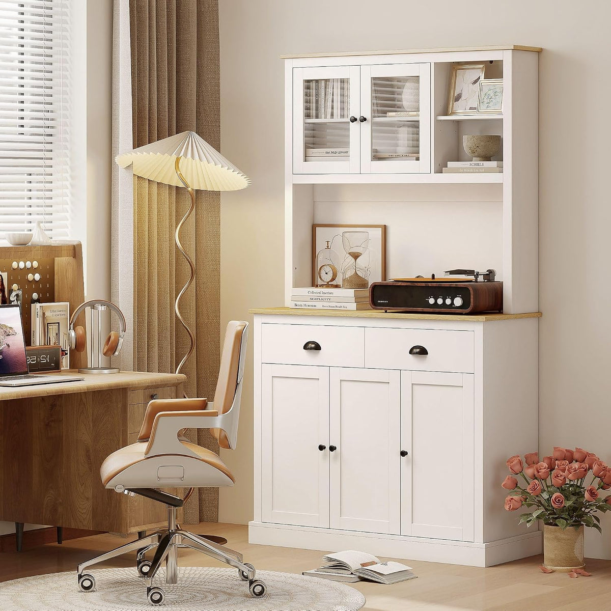 71inch Freestanding Pantry Cabinet — 39.25in Wide, White Finish with Yellow Oak Countertop, 4 Adjustable Shelves, 176lb Max Capacity