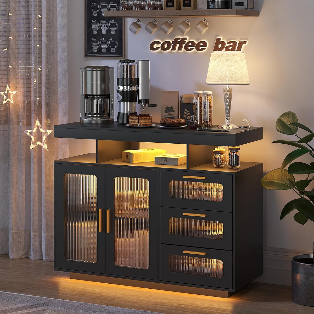 Dystler Coffee Bar Cabinet with Storage, Modern Buffet Cabinet with 3 Drawers and 2 Doors, Sideboard Buffet with Charging Station and Lights, Black