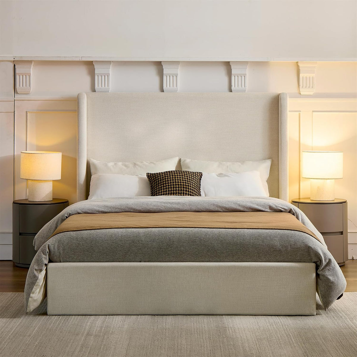 California King Upholstered Bed Frame 52" Tall Wingback Headboard