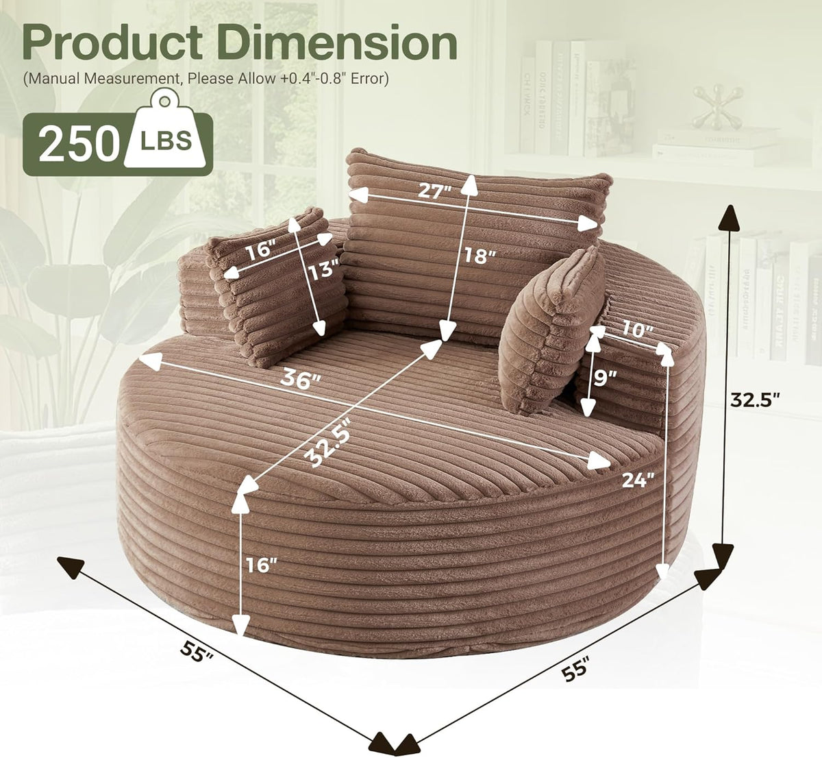 55''Oversized Round Chair Lounge Chaise Indoor, Modern Upholstered Corduroy Cloud Circle Chair with Deep Seat, Comfy Fluffy Sleeper Sofa for Living Room Bedroom No Assembly Required (Brown)