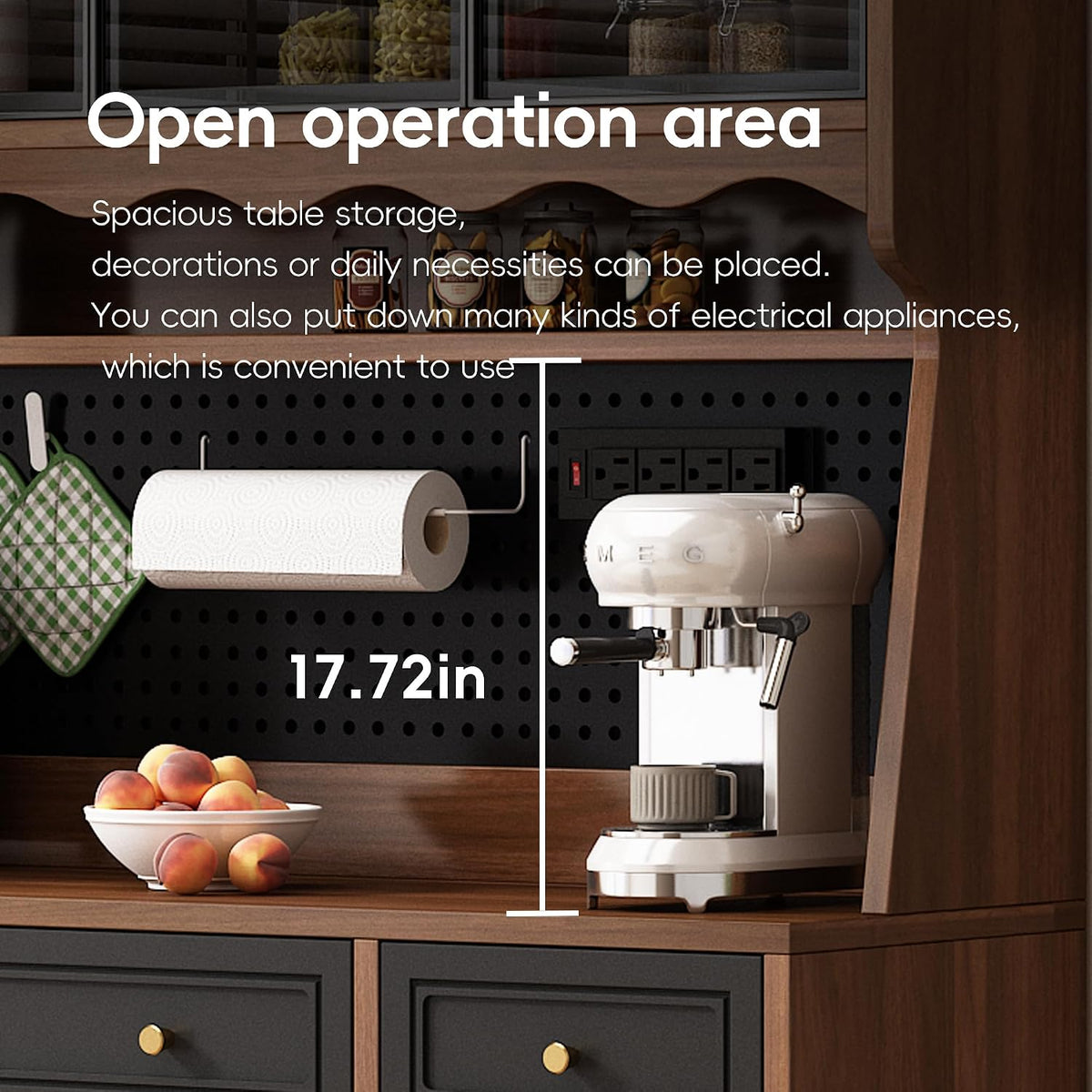 63" W Farmhouse Buffet Cabinet with Hutch, Freestanding Coffee Bar Sideboard with 6 Drawers, 4 Cabinets, Adjustable Shelves, Pegboard and Power Outlet for Dining Room Storage Cabinet,Brown Black