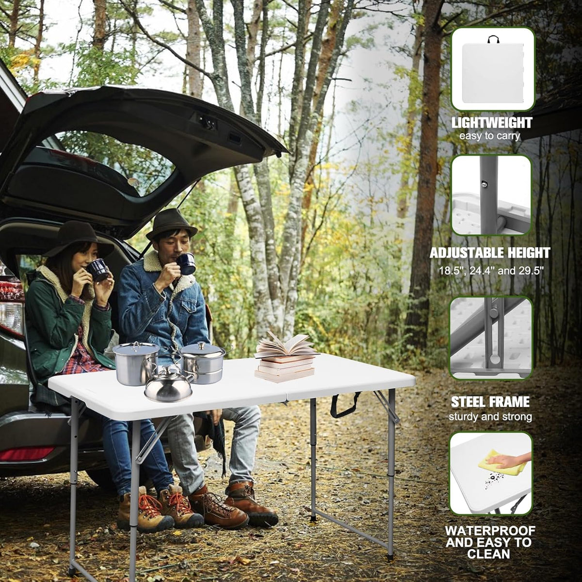 Folding Table 4 Foot,Portable Heavy Duty Plastic Utility Table,White | Adjustable Height,HDPE Tabletop,Small Fold-in-Half Design,Carrying Handle,Indoor Outdoor Use for Camping,Party