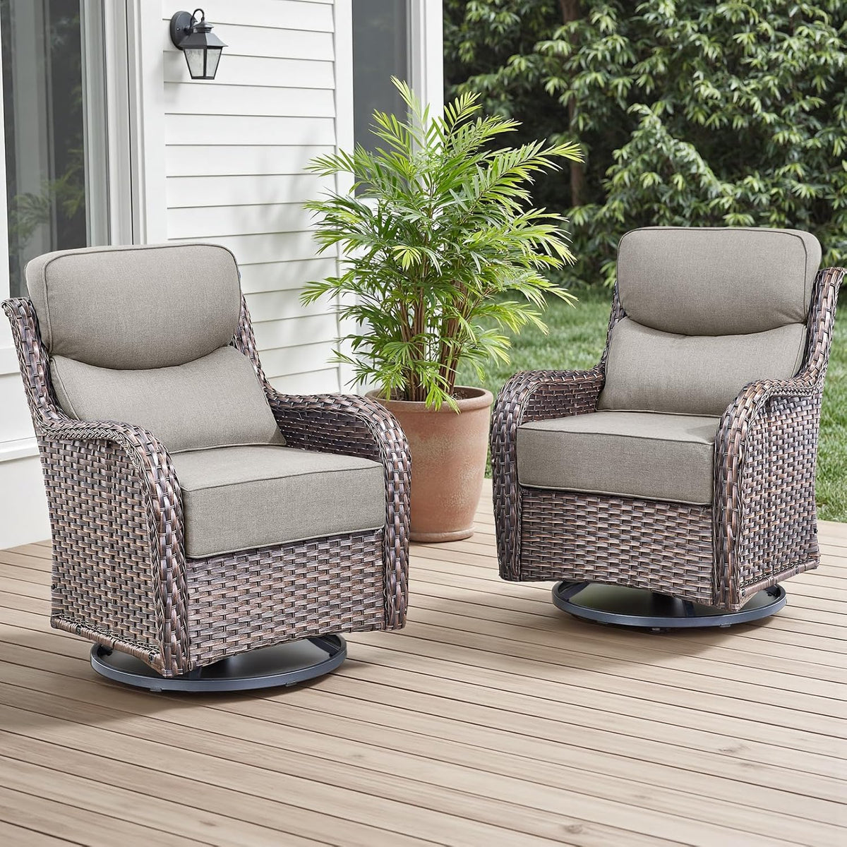 Rilyson Outdoor Swivel Rocker Chairs - All Weather Resistant Wicker Patio Furniture Set of 2 with High Back and 6 inch Thick Cushions for Deck Porch Yard and Poolside, Brown/Beige