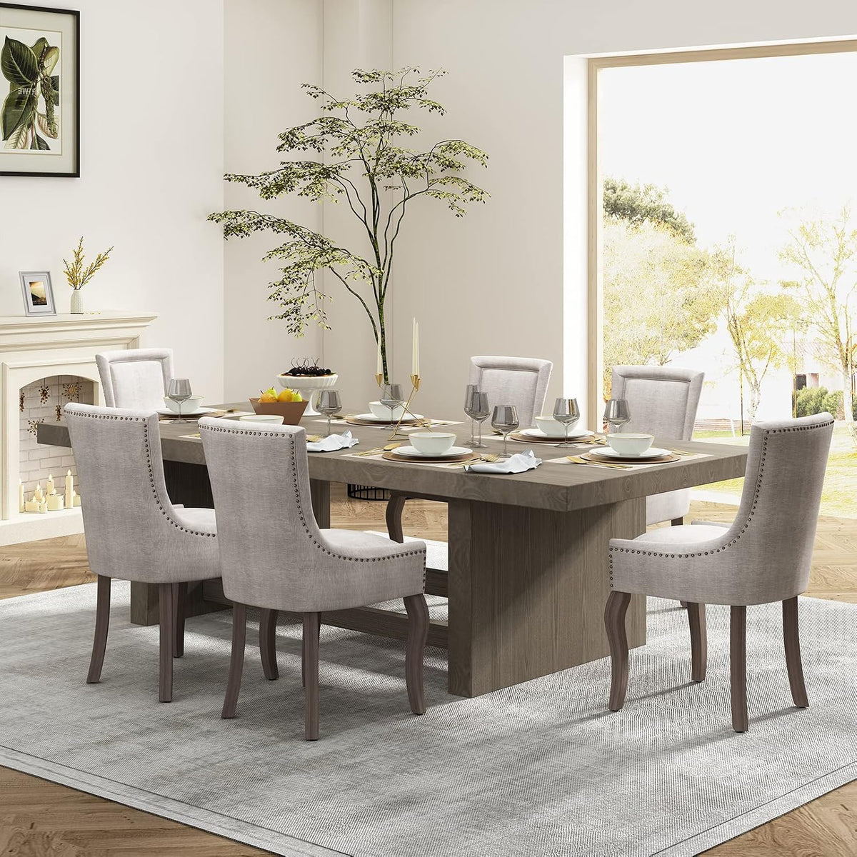 Upholstered Dining Chairs Set of 8, Beige Fabric Kitchen Chair with Nailhead Trim, Farmhouse High Back Kitchen & Dining Room Chairs, Solid Wood Legs, Sillas de Comedor (Beige, 8 Pcs)