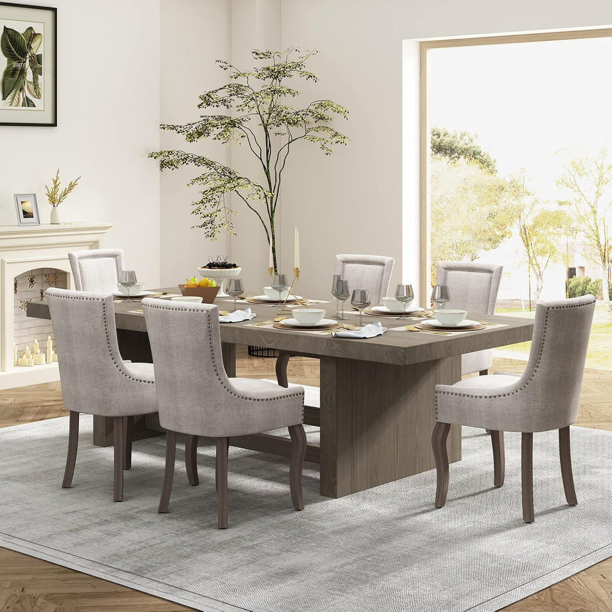 Upholstered Dining Chairs Set of 2, Beige Fabric Kitchen Chair with Nailhead Trim, Farmhouse High Back Kitchen & Dining Room Chairs, Solid Wood Legs, Sillas de Comedor (Beige, 2 Pcs)