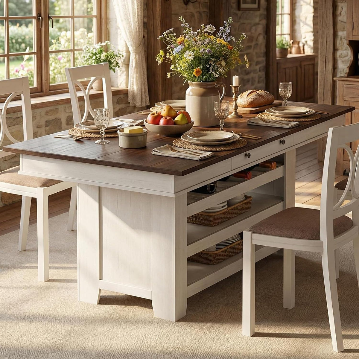 Garvee Counter Height Dining Table with 2 Drawers, 36" Farmhouse Wooden Large Bar Kitchen Table with Wine Rack & 3 Shelves, Rectangular, Thick Frame for Kitchen, Bar & Entertaining, Retro White Brow