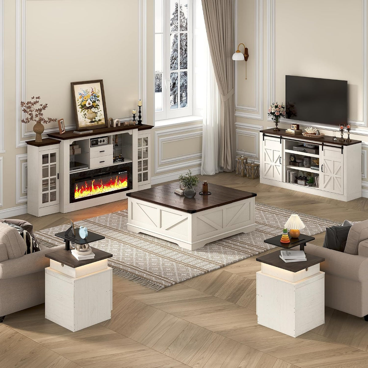 Hlivelood 66" Farmhouse TV Stand for 75 Inch TV, 33" Tall Entertainment Center with Power Outlets & Sliding Barn Door, Wood TV Stand with Storage, TV Media Console for Living Room, Antique White