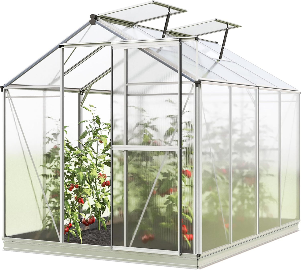 Greenhouse Jasmin 4 Aluminum Frame - 6.3 x 8.4 ft Approx. 6 mm Polycarbonate Panels - Bonus Base Frame and Automatic Vent Opener