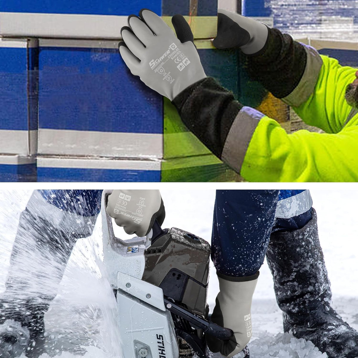 Schwer 2 Pairs 100% Waterproof Winter Work Gloves, ANSI A2 Cut Resistant Freezer Gloves for Outdoor Cold Weather Keep Hands Warm, Enhanced Warmth & Durability, for Shoveling Snow, Ice Fishing, XL