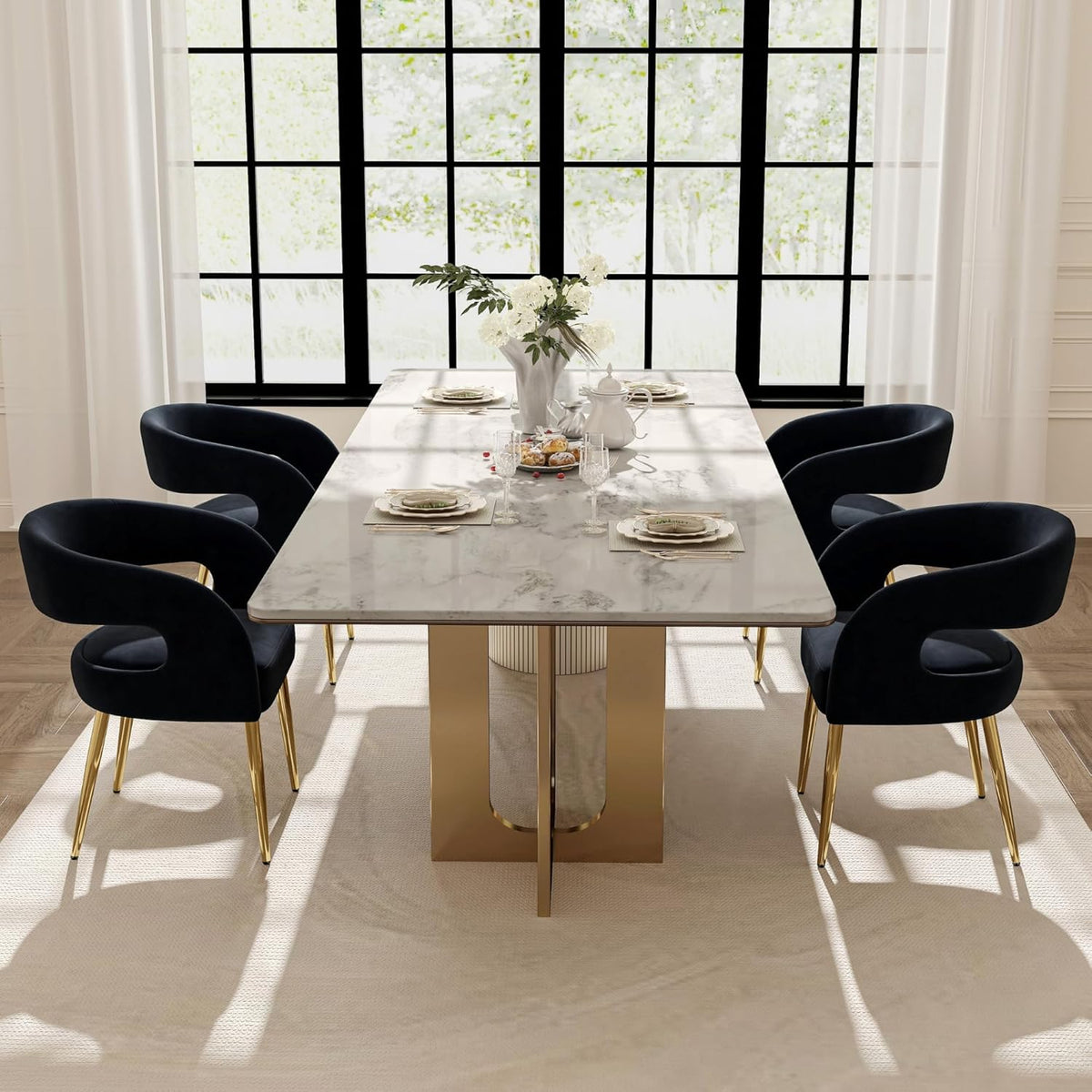 Hyfirm Black Barrel Dining Chairs Set of 4, Upholstered Velvet Dining Room Chairs with Gold Legs Hollow Back Modern Comfy Armchairs for Kitchen Recepition Restaurant