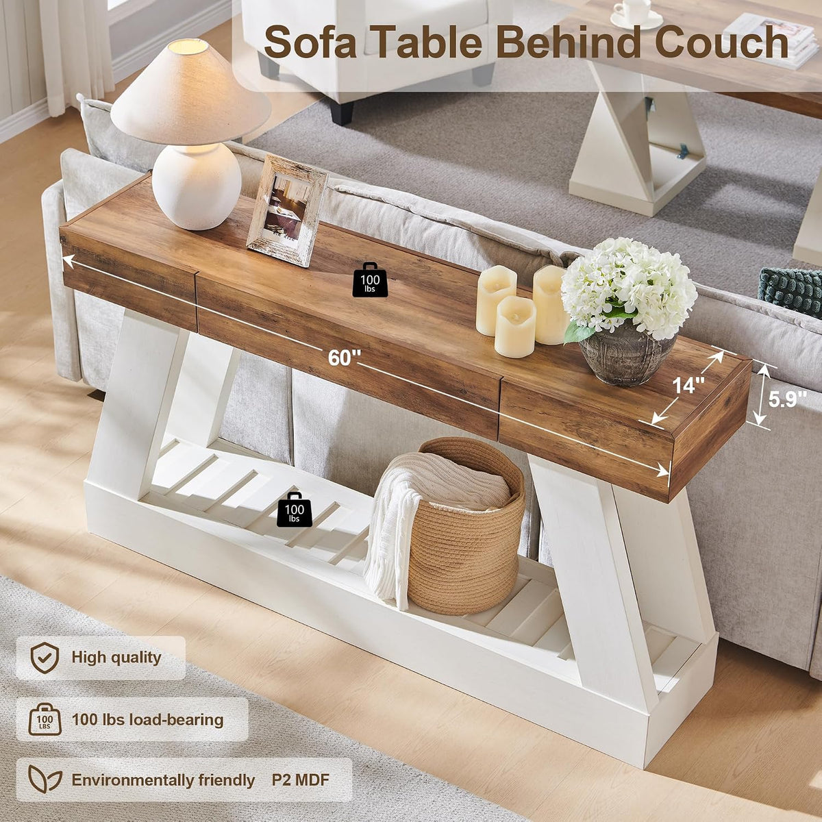 OKD 60" Farmhouse Entryway Table with Drawer, Console Table Behind Sofa | Narrow Long Entryway for Hallway, Living Room, Hallway, Behind Couch(Antique White)